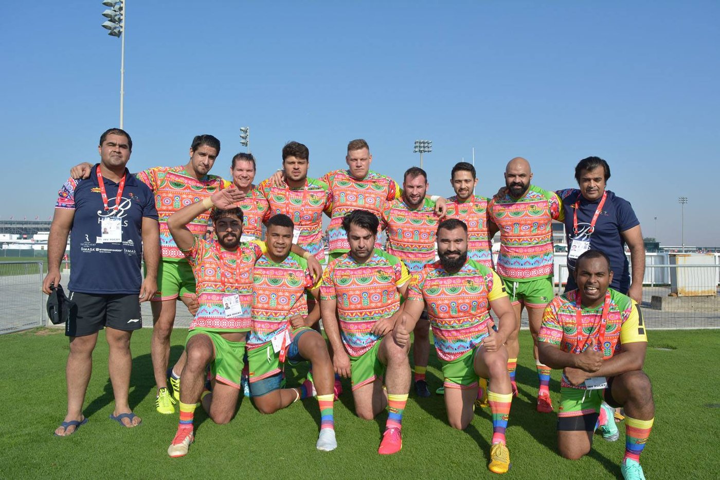 Full team at Dubai 7s in matching BOOMFA Truck Art jerseys.